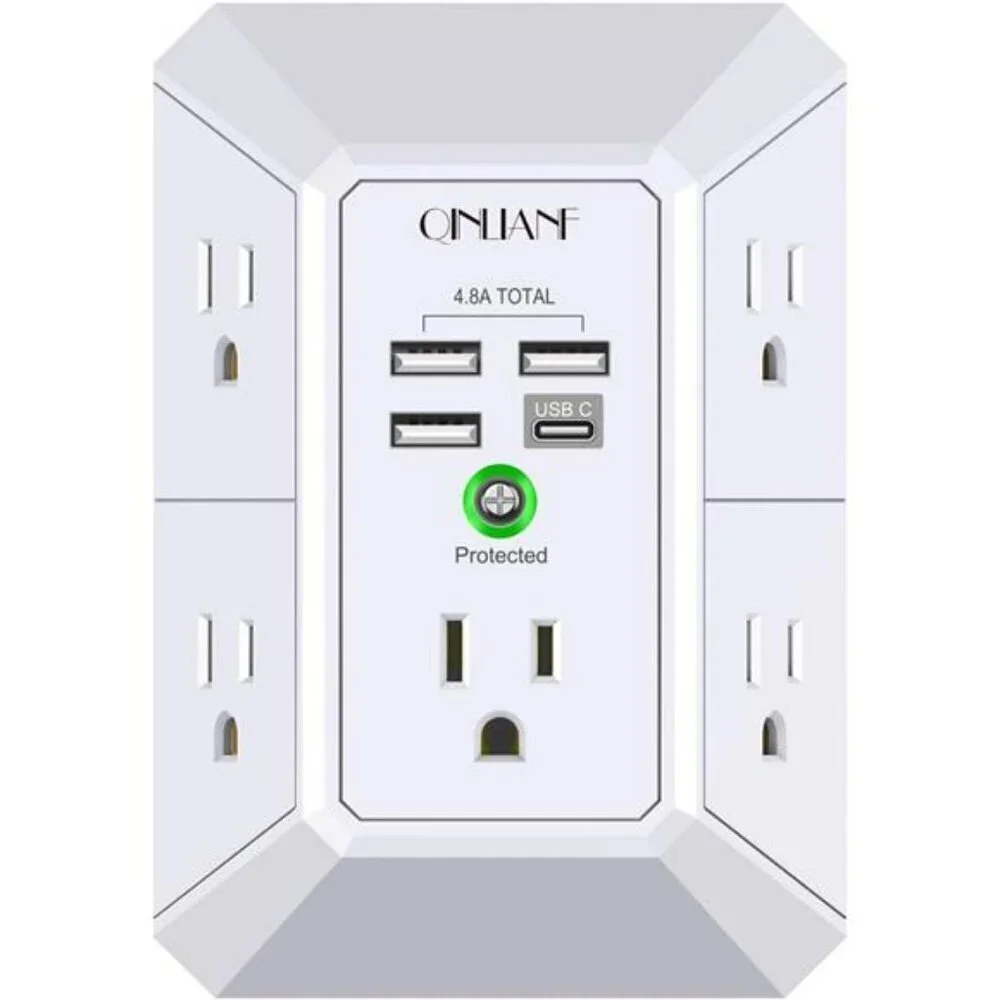 Wall Charger Surge Protector 5 Outlet Extender with 4 USB Charging Ports 3-Sided